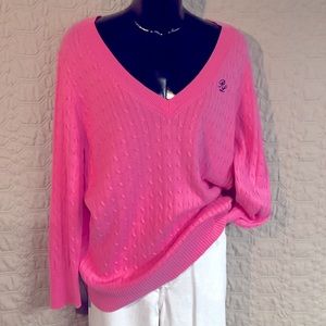 Polo Jeans Co. hot pink V-neck cotton pullover 3/4 sleeve cable sweater XL